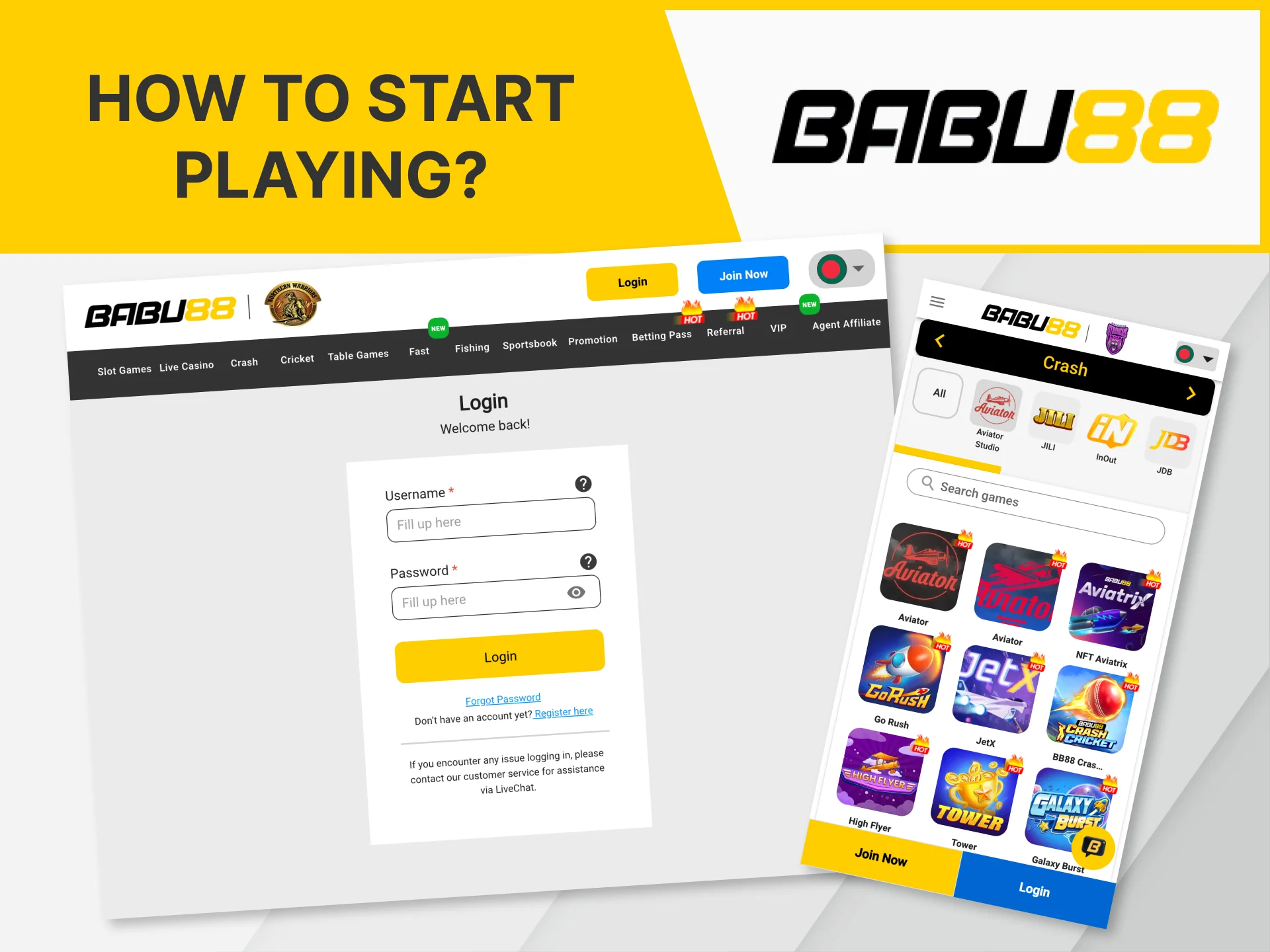 Start playing crash games quickly on the Babu88 casino website.